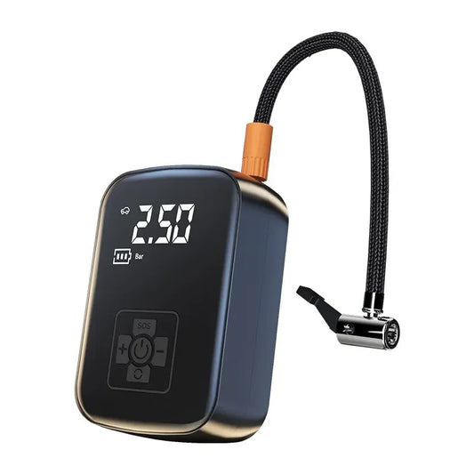 Black air pump with digital display and hose on a white background