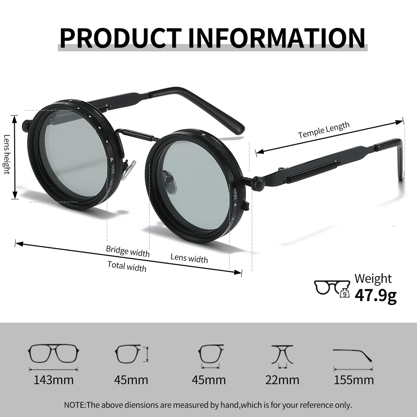 Adjustable Tint Sunglasses, 1-9 Gears Nightshift Glasses Retro Round Polarized Dimming Glasses ND Filter Lenses