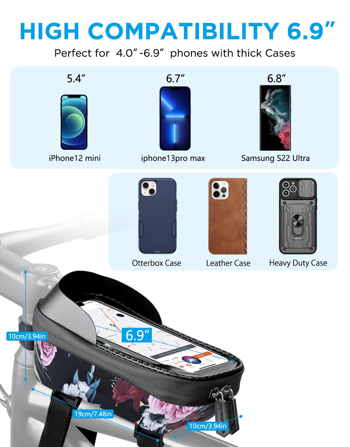 whale fall Bike Frame Bag Waterproof, 3D Eva Hard Shell, Bike Phone Holder, Bicycle Top Tube Bag, Cycling Pouch with Rain Cover, Bike Accessories for Phones Under 7"