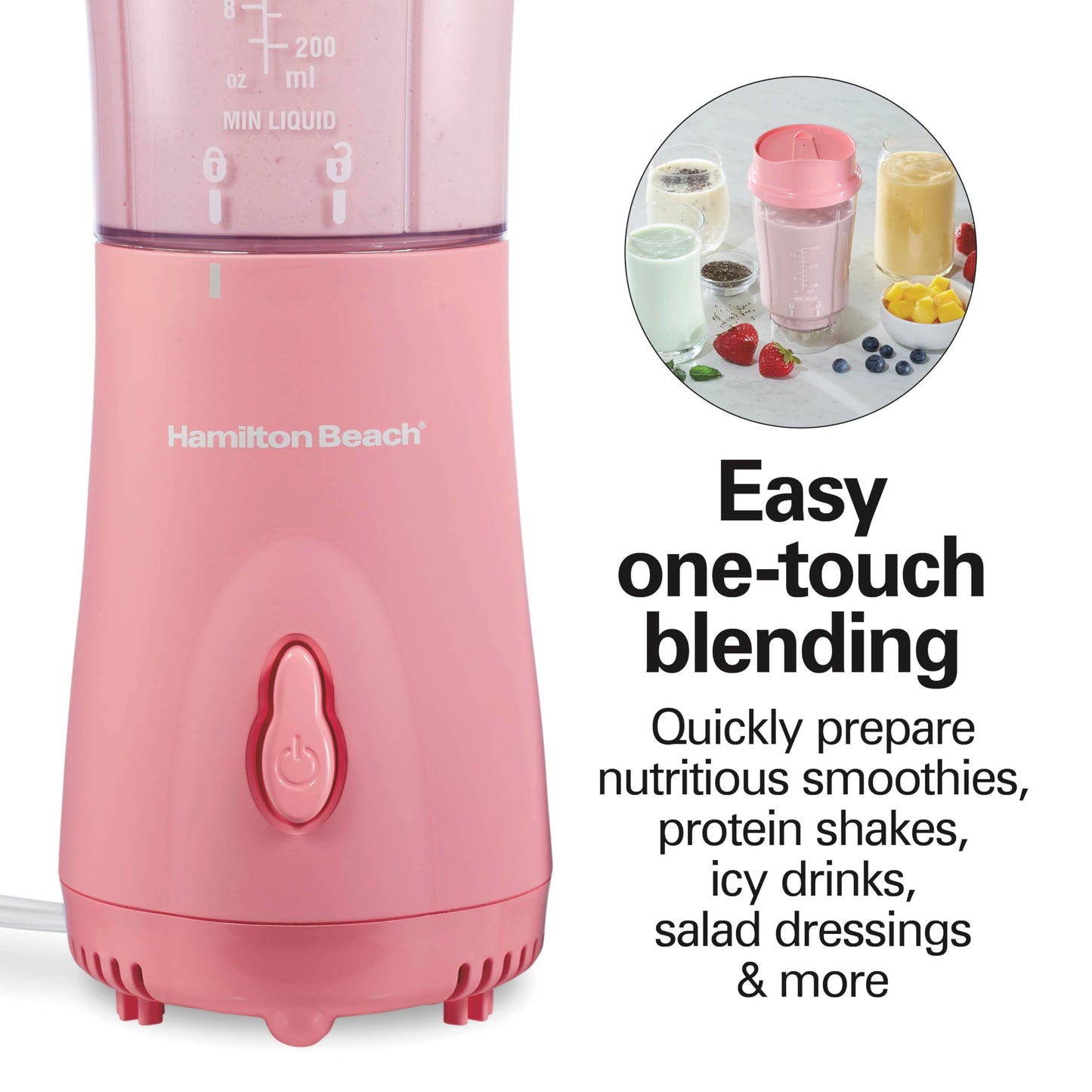 Hamilton Beach Portable Blender for Shakes and Smoothies, 14 Oz BPA Free Travel Cup & Lid, Durable Stainless Steel Blades, Personal Smoothie Blender, Coral (51171)