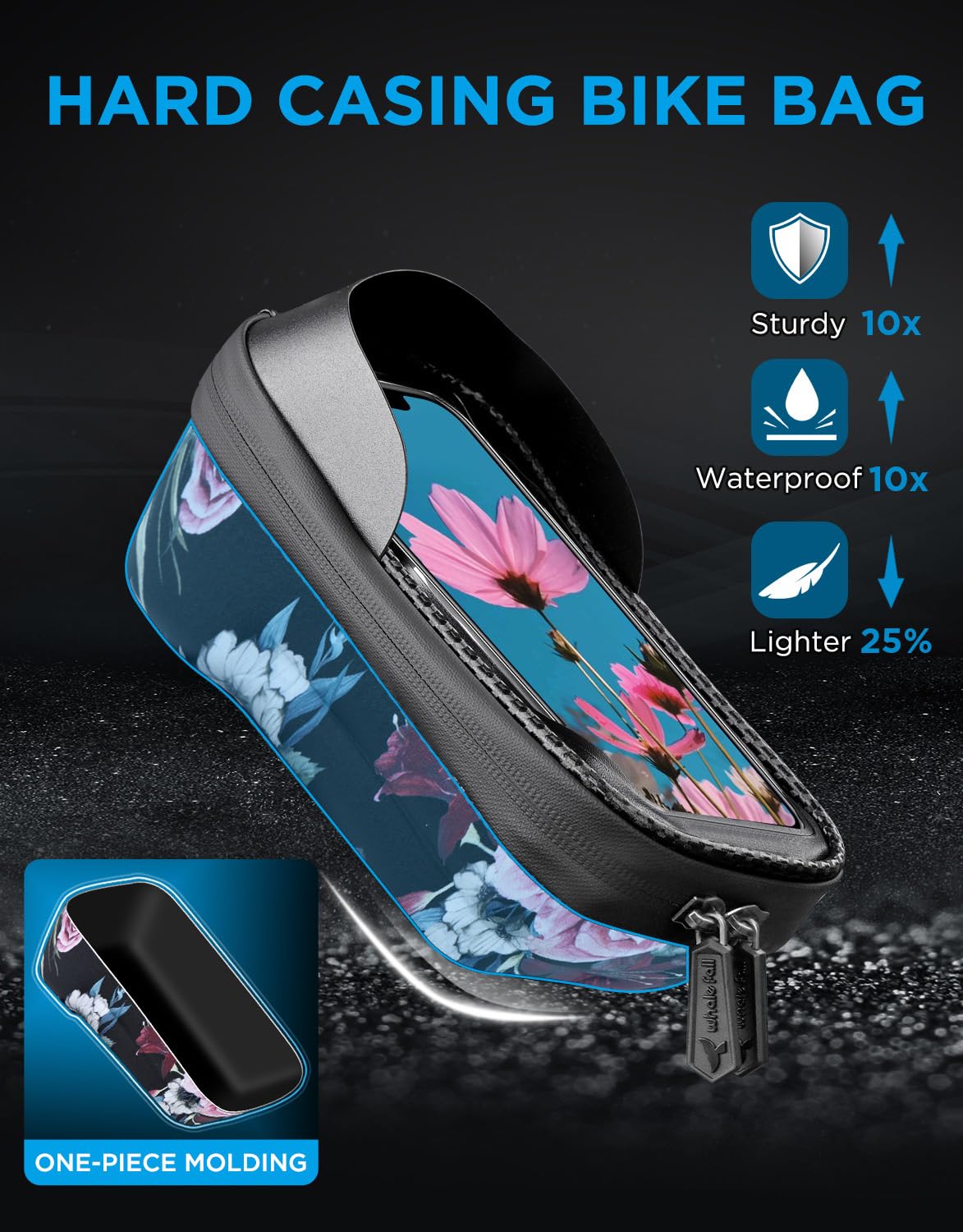 whale fall Bike Frame Bag Waterproof, 3D Eva Hard Shell, Bike Phone Holder, Bicycle Top Tube Bag, Cycling Pouch with Rain Cover, Bike Accessories for Phones Under 7"