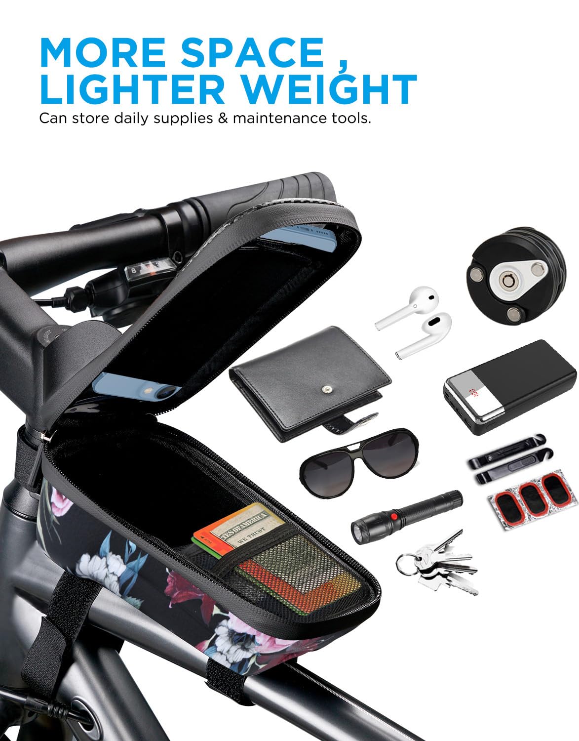 whale fall Bike Frame Bag Waterproof, 3D Eva Hard Shell, Bike Phone Holder, Bicycle Top Tube Bag, Cycling Pouch with Rain Cover, Bike Accessories for Phones Under 7"
