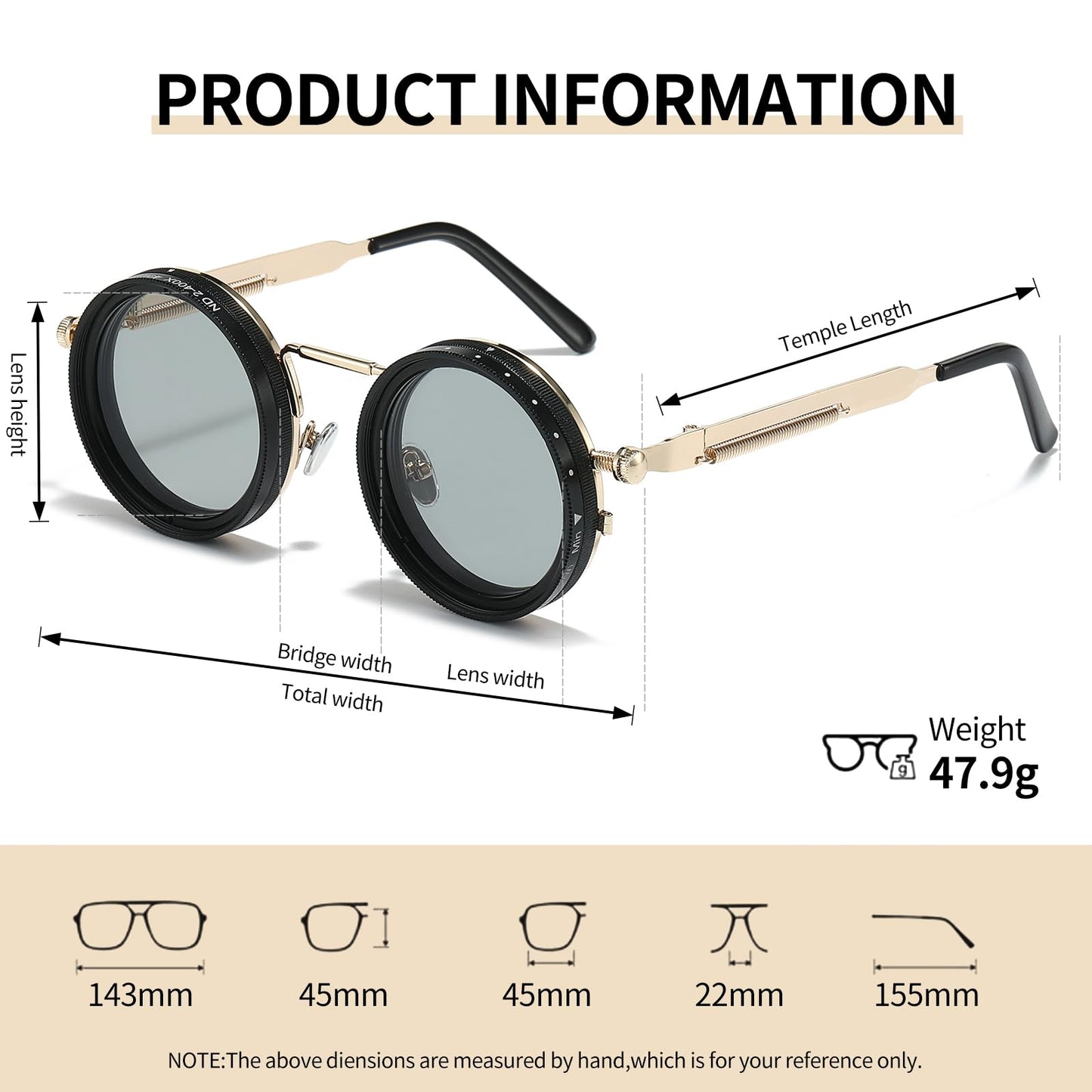 Adjustable Tint Sunglasses, 1-9 Gears Nightshift Glasses Retro Round Polarized Dimming Glasses ND Filter Lenses