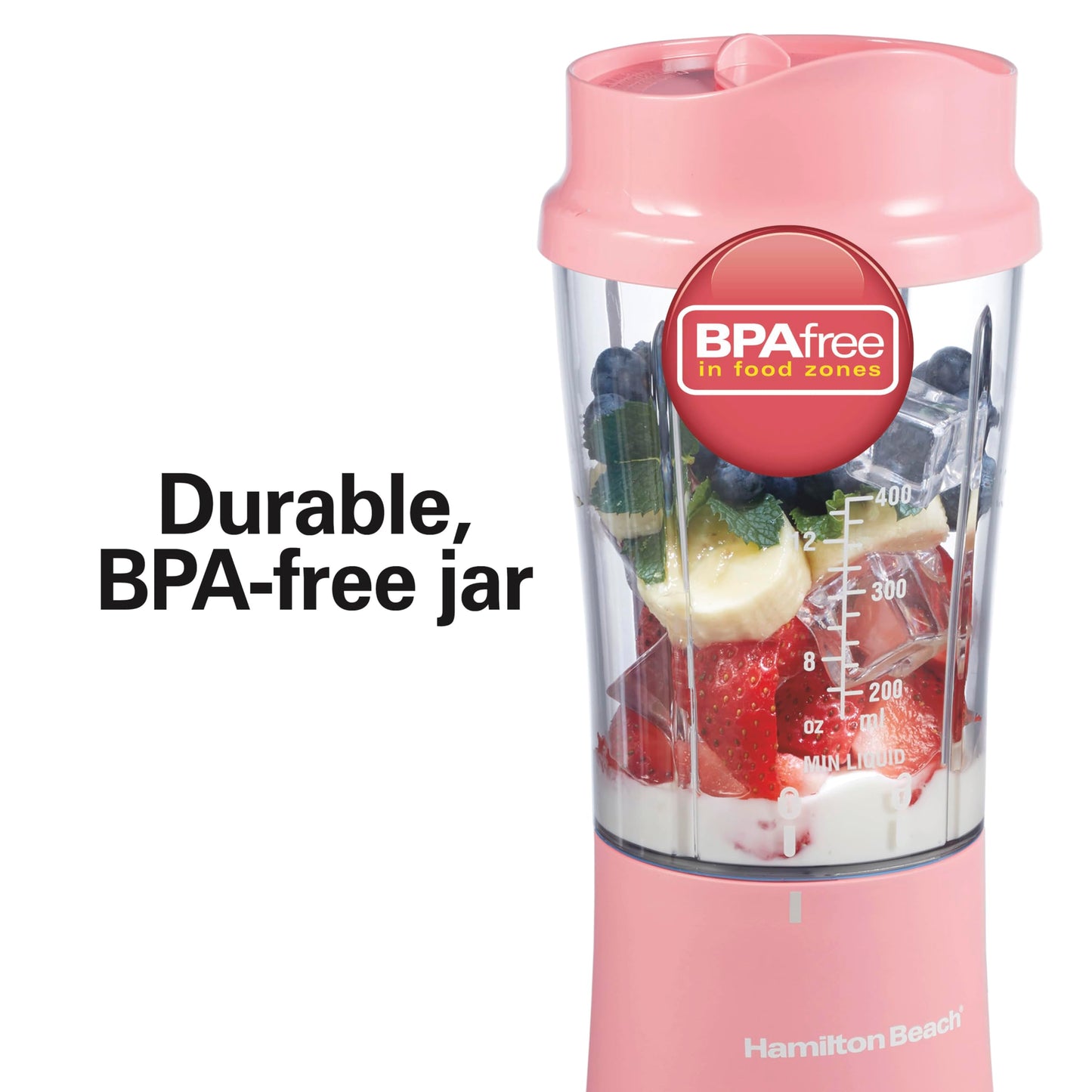 Hamilton Beach Portable Blender for Shakes and Smoothies, 14 Oz BPA Free Travel Cup & Lid, Durable Stainless Steel Blades, Personal Smoothie Blender, Coral (51171)