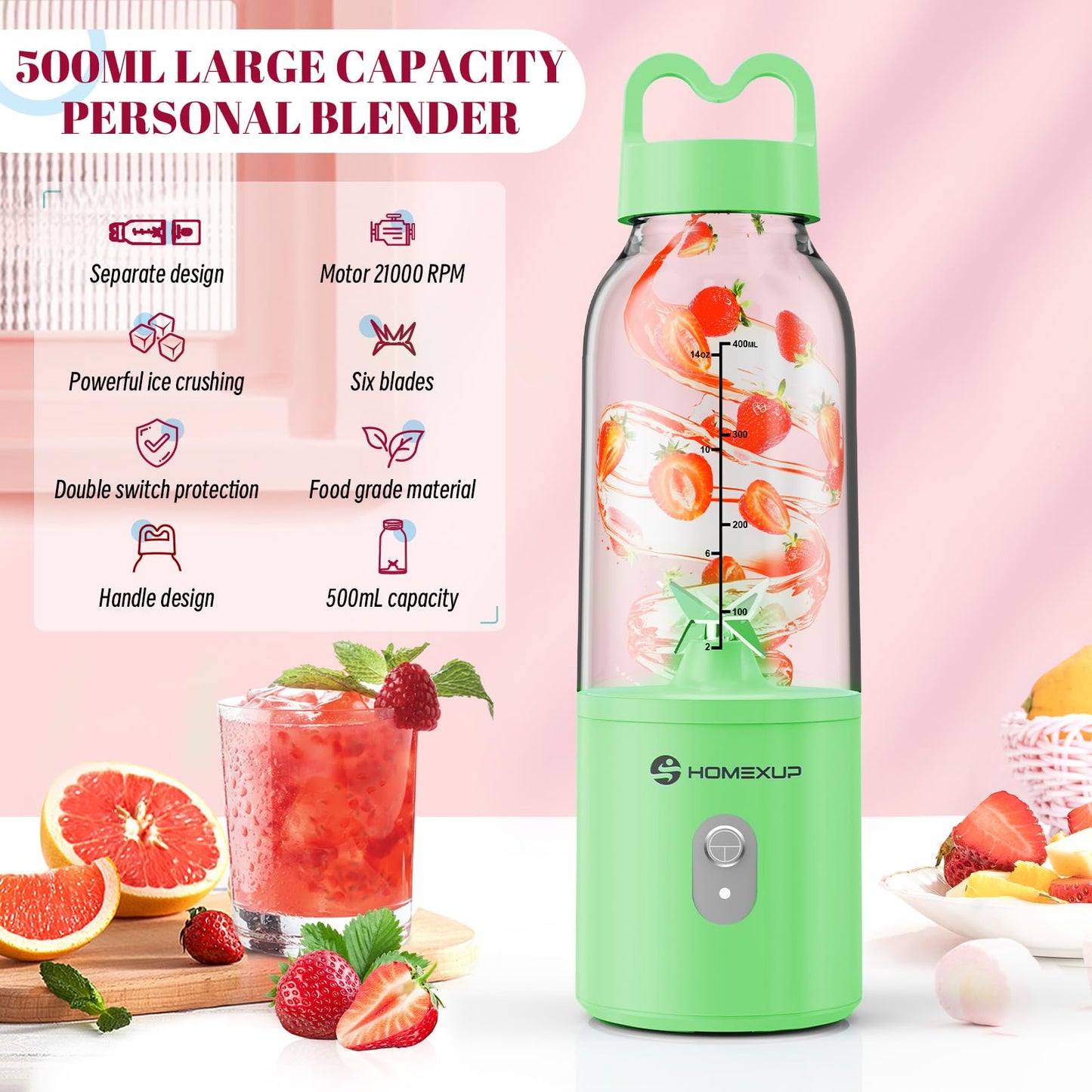 Portable Personal Blender 17 OZ/500 ML Juicer, 175W Personal Size Blender, Ideal for Smoothies, Ice Blending, Juicing, and Food Processing, Compact, Convenient, and Versatile (Pink)