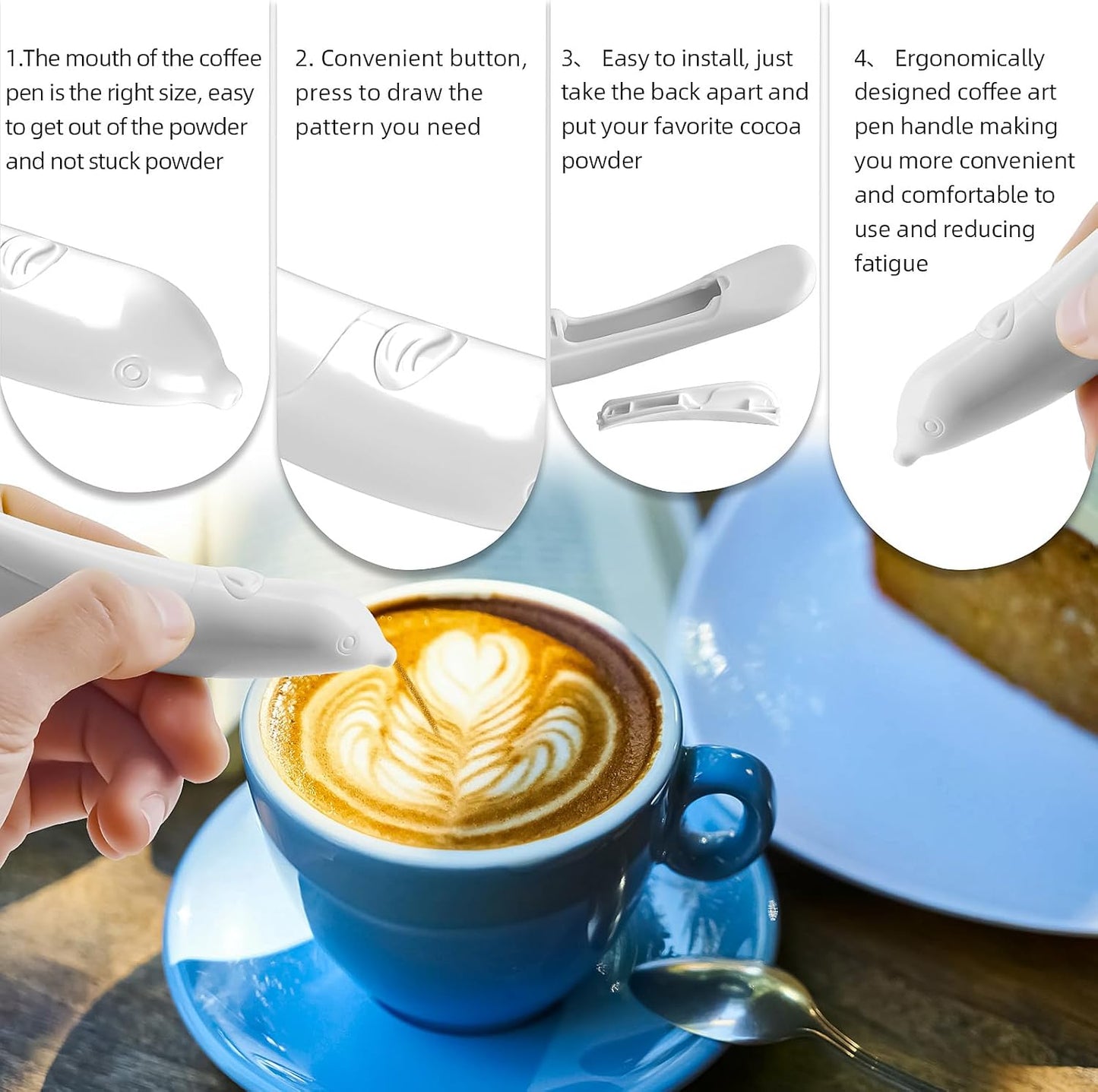 Spice Pen for Electrical Coffee Art for Latter & Food,DIY a Variety of Special Creative Pattern with All Natural Materials-Coffee Grounds, Cocoa Powder, Ground Sugar (White)