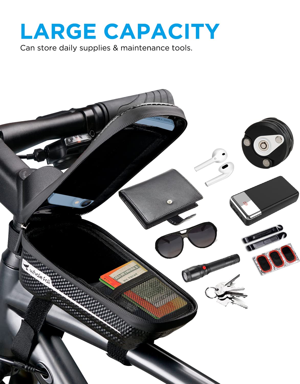whale fall Bike Frame Bag Waterproof, 3D Eva Hard Shell, Bike Phone Holder, Bicycle Top Tube Bag, Cycling Pouch with Rain Cover, Bike Accessories for Phones Under 7"
