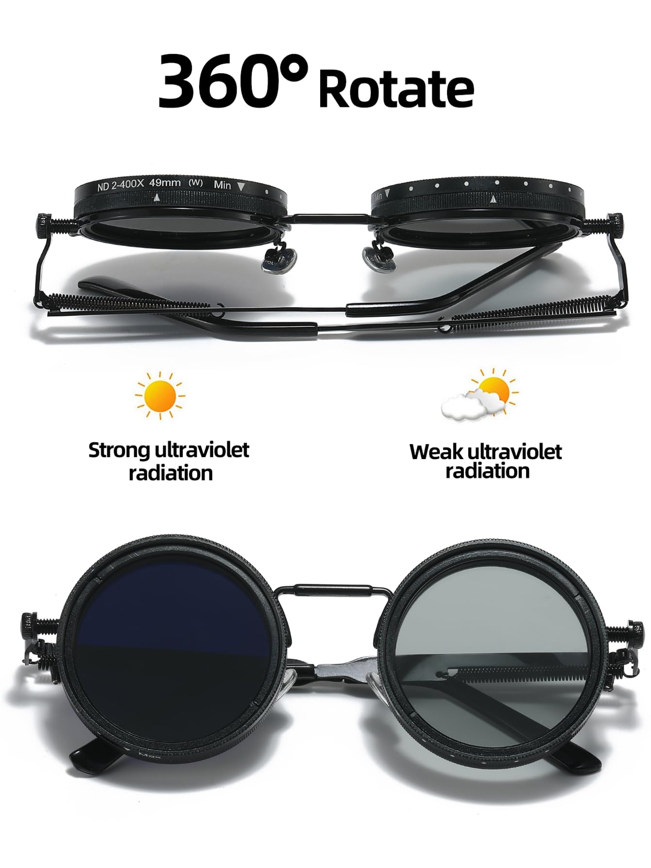 Adjustable Tint Sunglasses, 1-9 Gears Nightshift Glasses Retro Round Polarized Dimming Glasses ND Filter Lenses