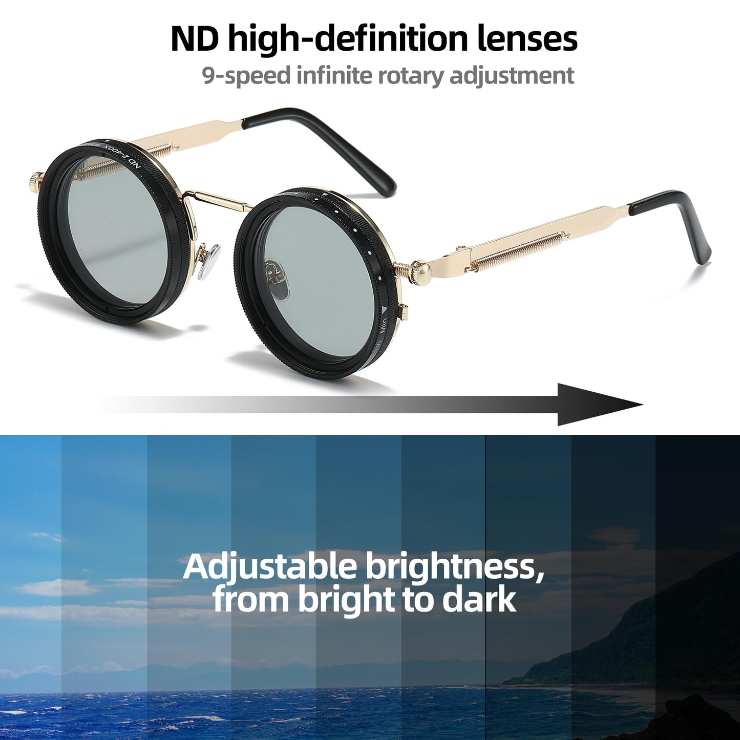 Adjustable Tint Sunglasses, 1-9 Gears Nightshift Glasses Retro Round Polarized Dimming Glasses ND Filter Lenses