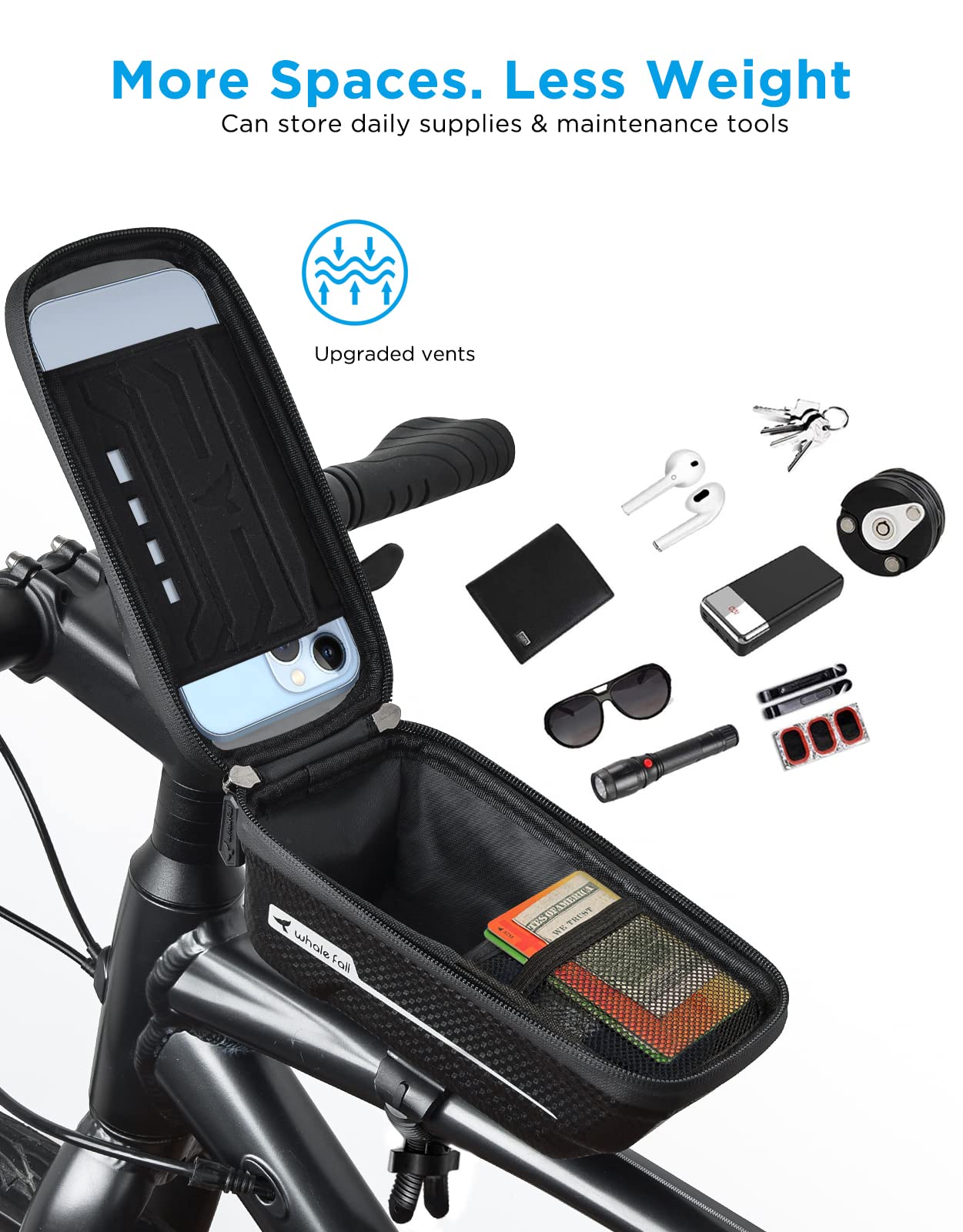 whale fall Bike Frame Bag Waterproof, 3D Eva Hard Shell, Bike Phone Holder, Bicycle Top Tube Bag, Cycling Pouch with Rain Cover, Bike Accessories for Phones Under 7"