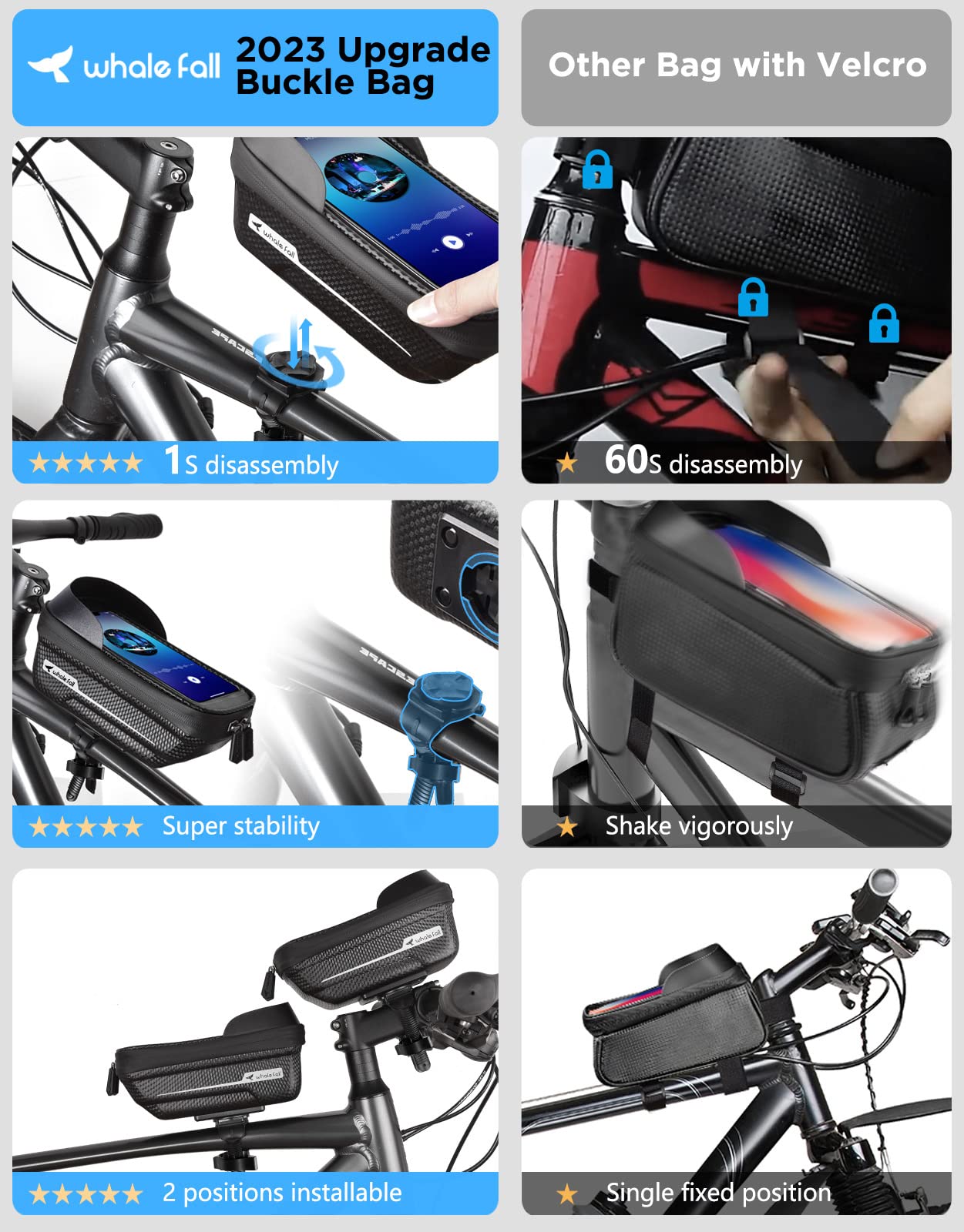 whale fall Bike Frame Bag Waterproof, 3D Eva Hard Shell, Bike Phone Holder, Bicycle Top Tube Bag, Cycling Pouch with Rain Cover, Bike Accessories for Phones Under 7"