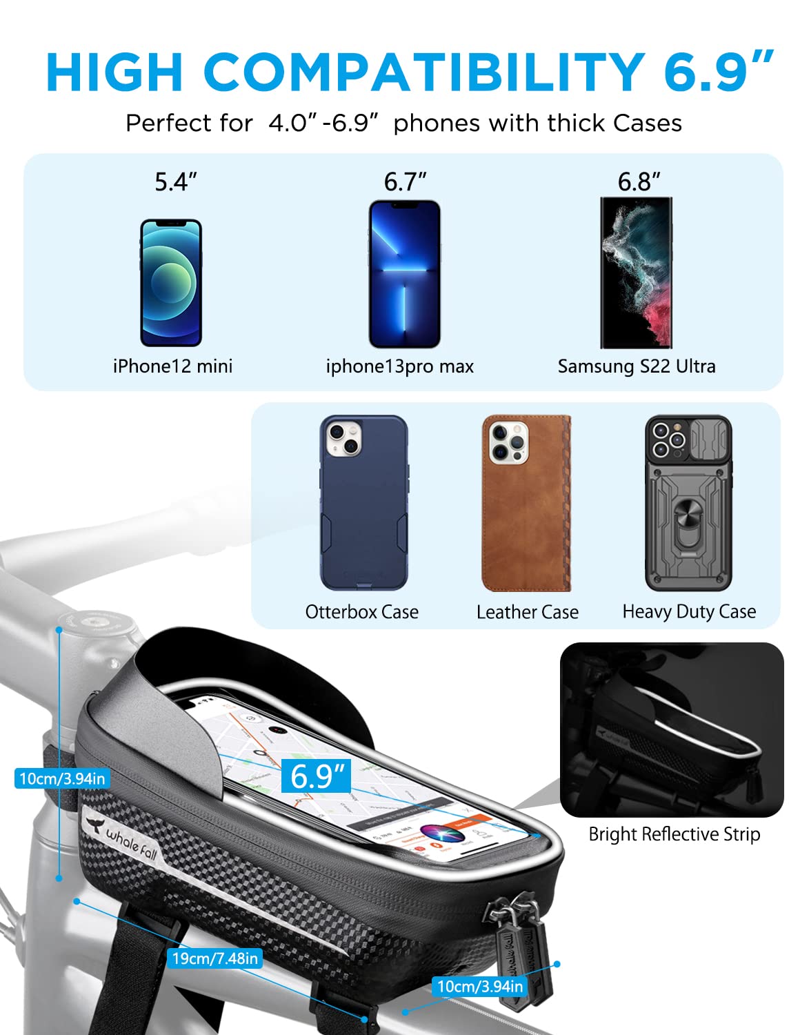 whale fall Bike Frame Bag Waterproof, 3D Eva Hard Shell, Bike Phone Holder, Bicycle Top Tube Bag, Cycling Pouch with Rain Cover, Bike Accessories for Phones Under 7"