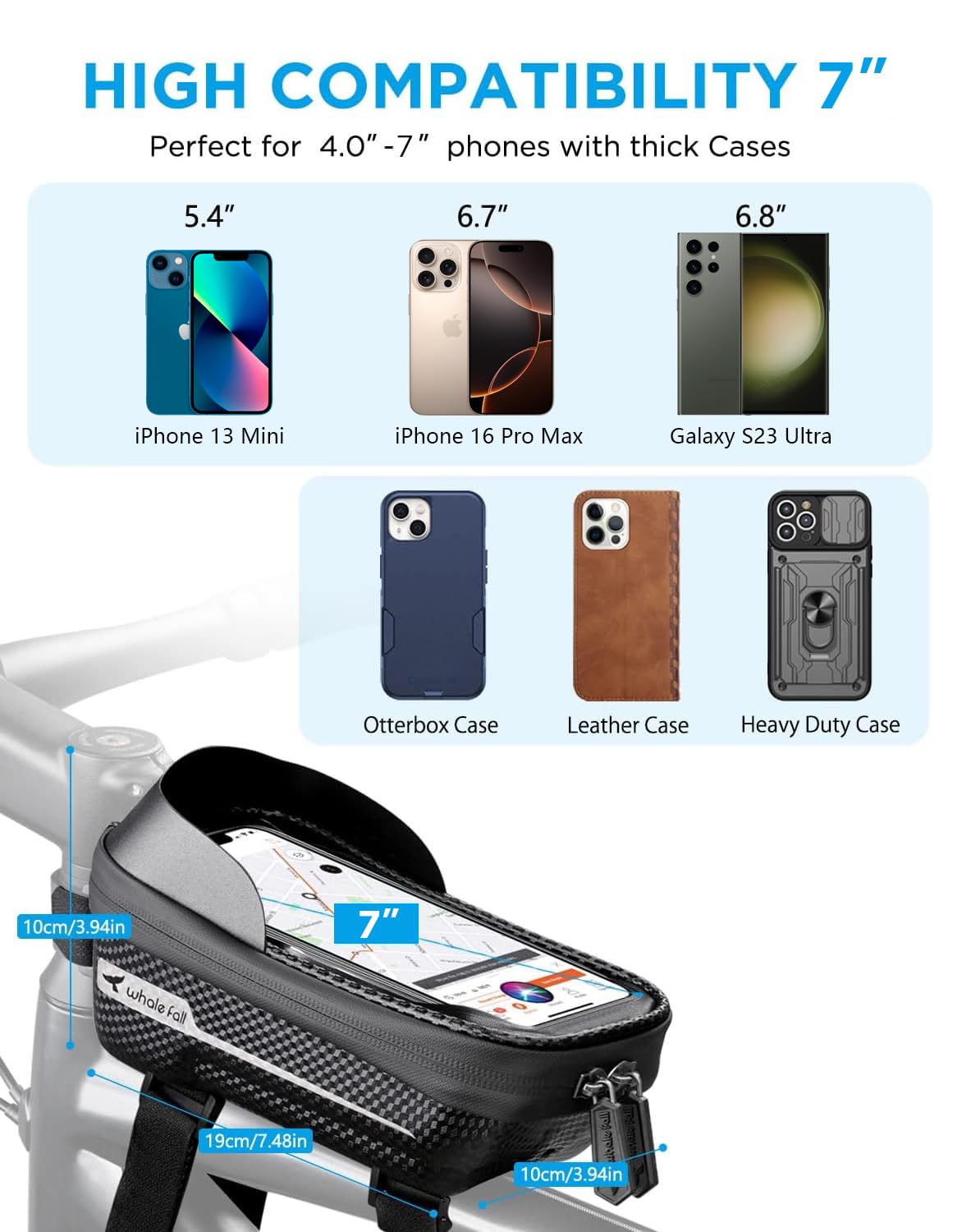 whale fall Bike Frame Bag Waterproof, 3D Eva Hard Shell, Bike Phone Holder, Bicycle Top Tube Bag, Cycling Pouch with Rain Cover, Bike Accessories for Phones Under 7"