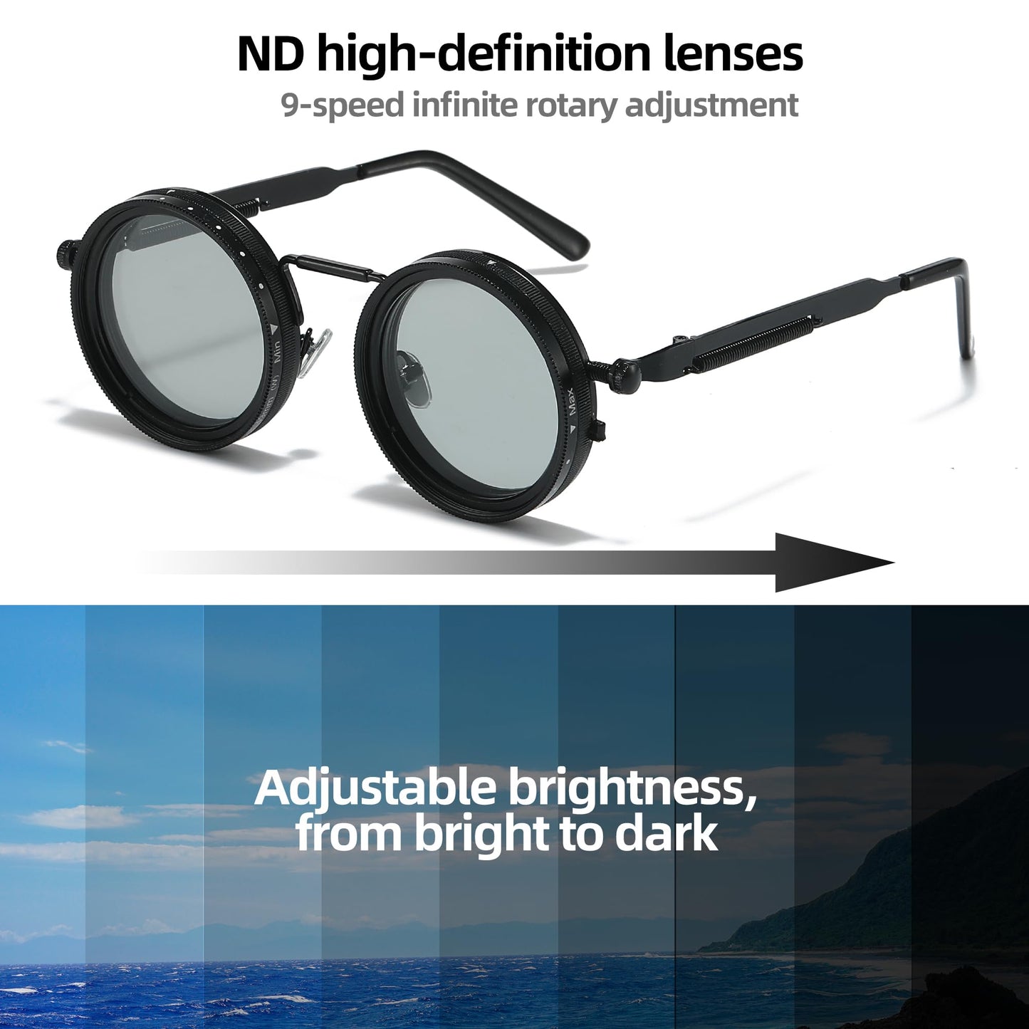 Adjustable Tint Sunglasses, 1-9 Gears Nightshift Glasses Retro Round Polarized Dimming Glasses ND Filter Lenses