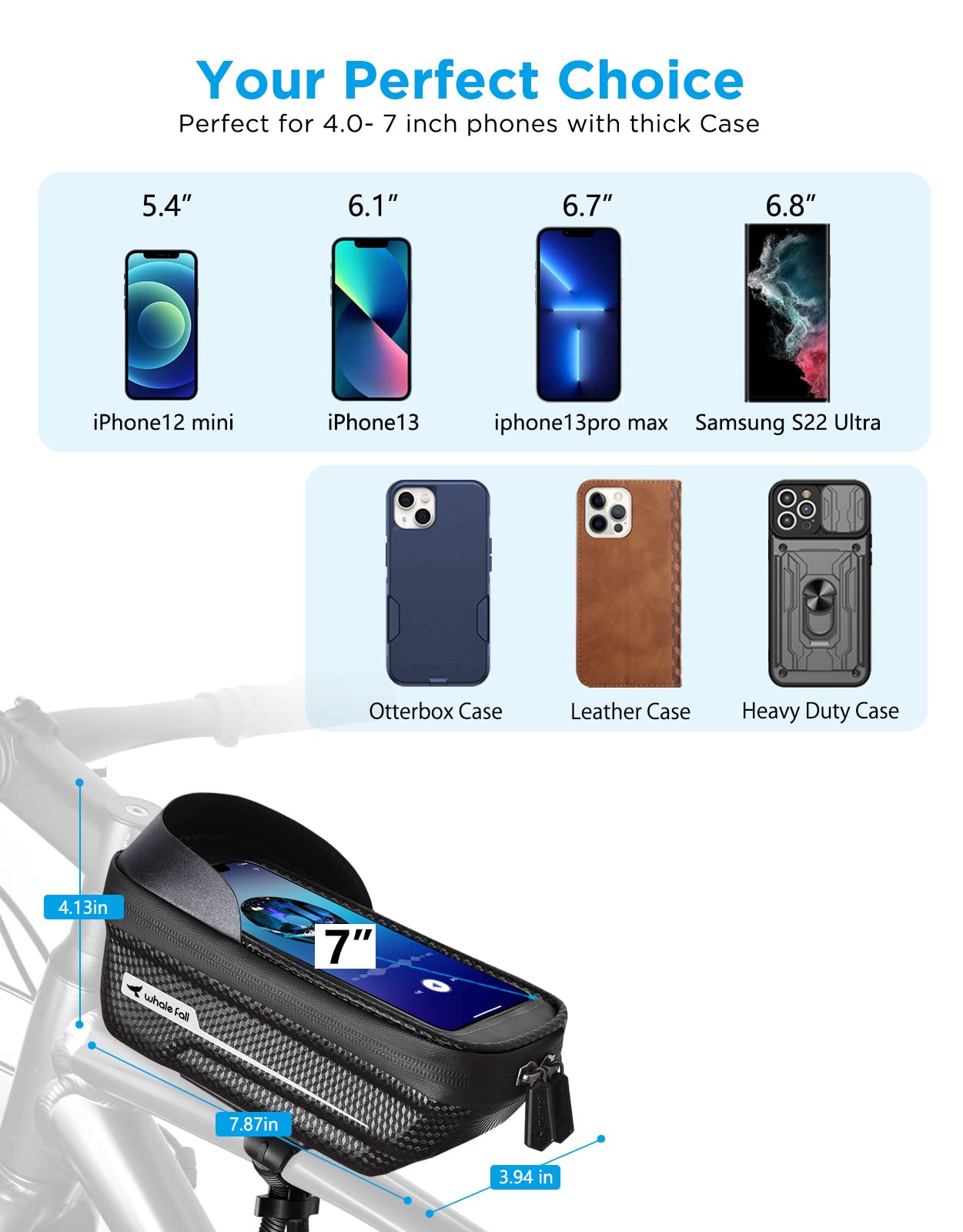 whale fall Bike Frame Bag Waterproof, 3D Eva Hard Shell, Bike Phone Holder, Bicycle Top Tube Bag, Cycling Pouch with Rain Cover, Bike Accessories for Phones Under 7"