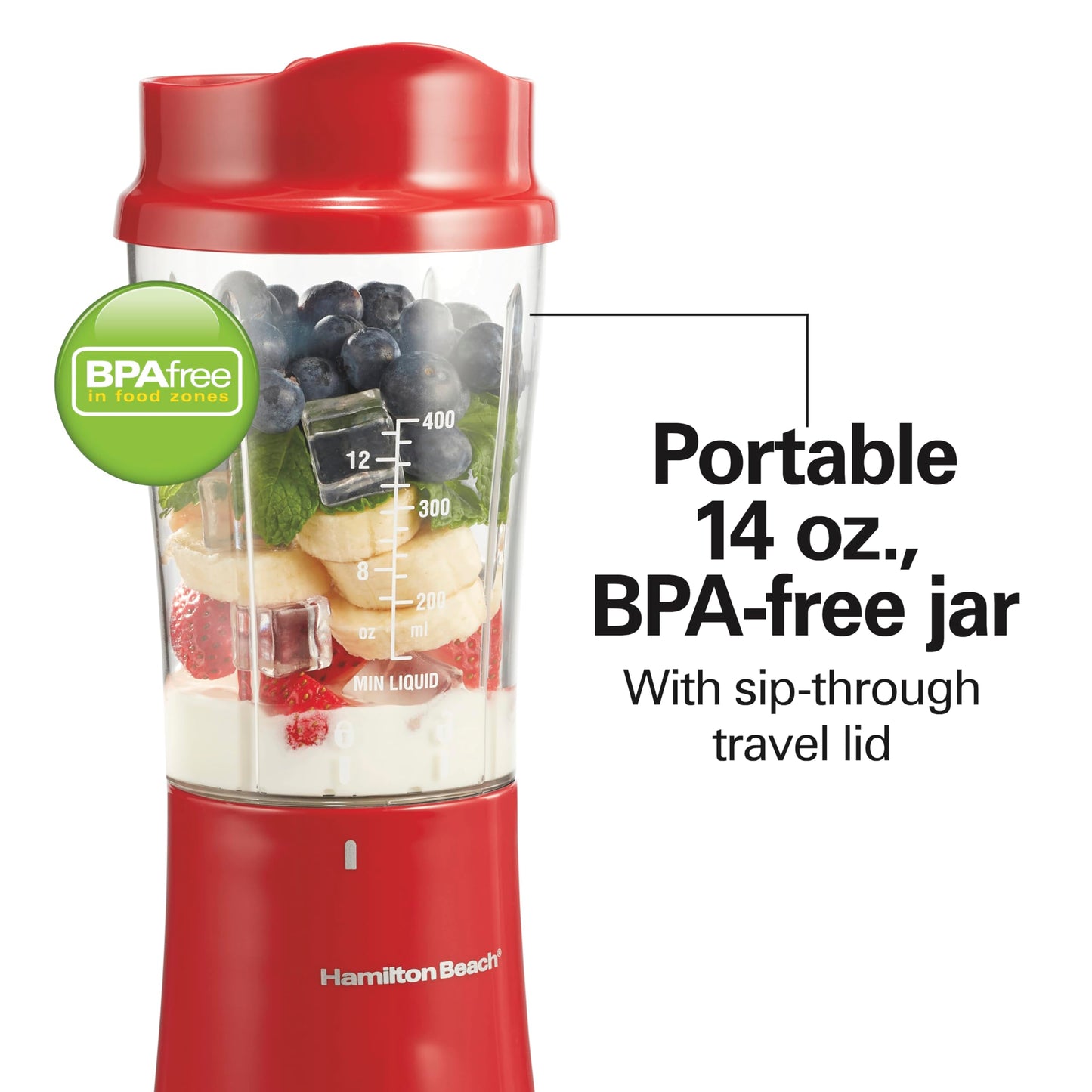 Hamilton Beach Portable Blender for Shakes and Smoothies, 14 Oz BPA Free Travel Cup & Lid, Durable Stainless Steel Blades, Personal Smoothie Blender, Coral (51171)