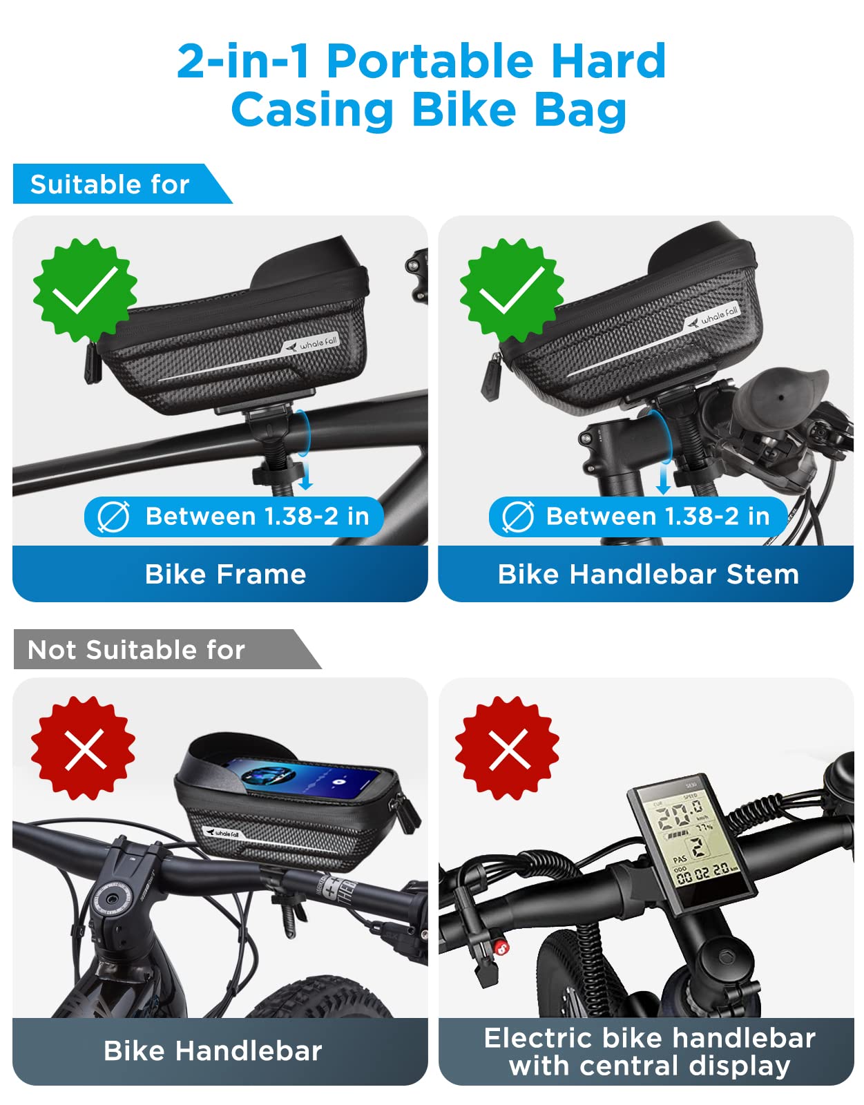 whale fall Bike Frame Bag Waterproof, 3D Eva Hard Shell, Bike Phone Holder, Bicycle Top Tube Bag, Cycling Pouch with Rain Cover, Bike Accessories for Phones Under 7"