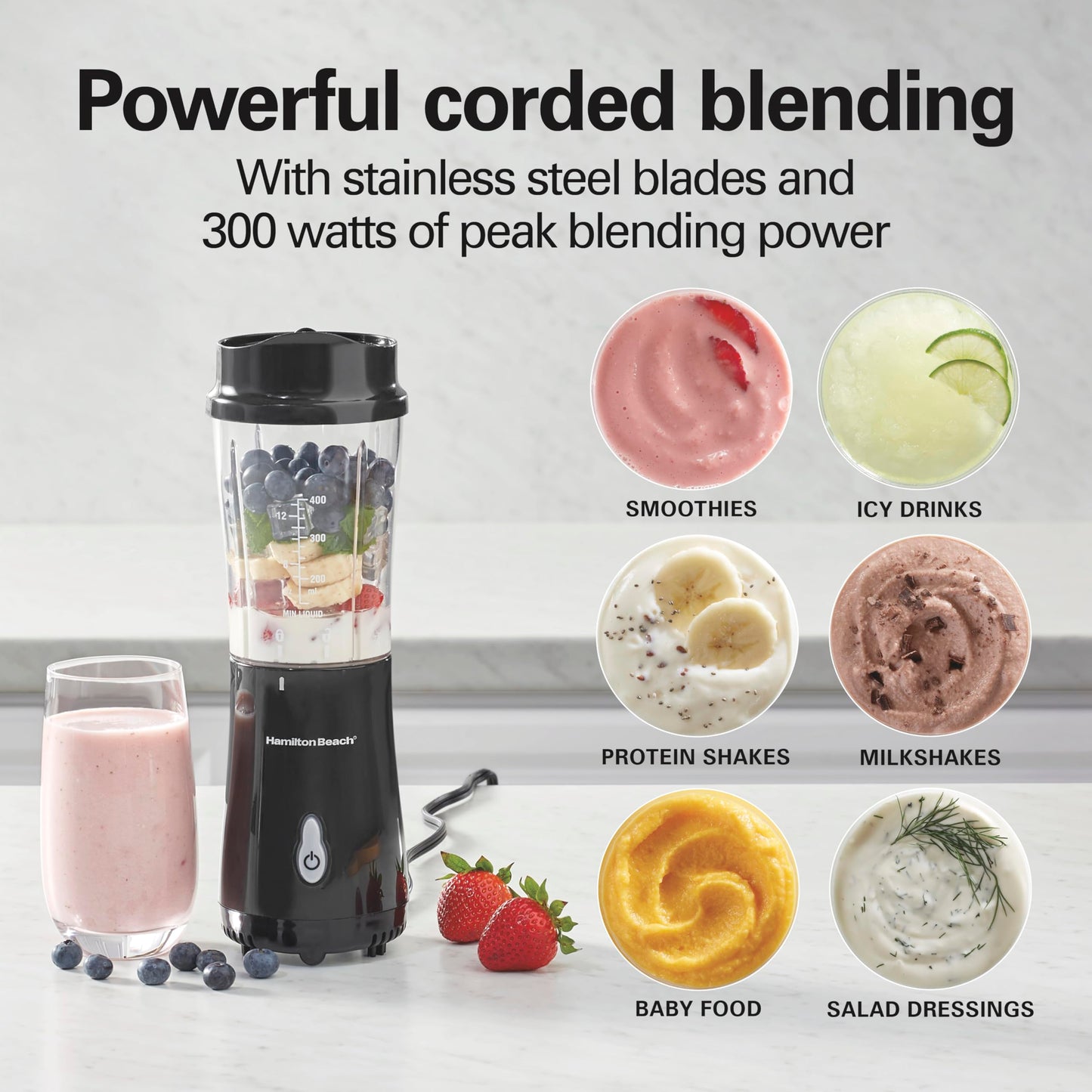 Hamilton Beach Portable Blender for Shakes and Smoothies, 14 Oz BPA Free Travel Cup & Lid, Durable Stainless Steel Blades, Personal Smoothie Blender, Coral (51171)