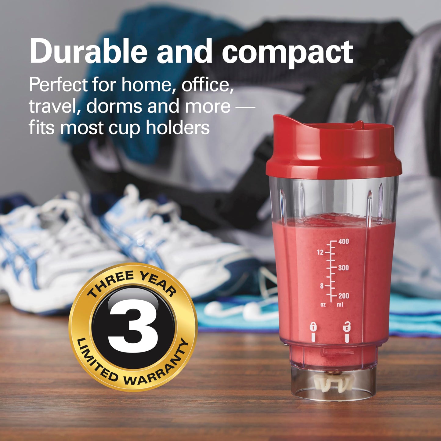 Hamilton Beach Portable Blender for Shakes and Smoothies, 14 Oz BPA Free Travel Cup & Lid, Durable Stainless Steel Blades, Personal Smoothie Blender, Coral (51171)