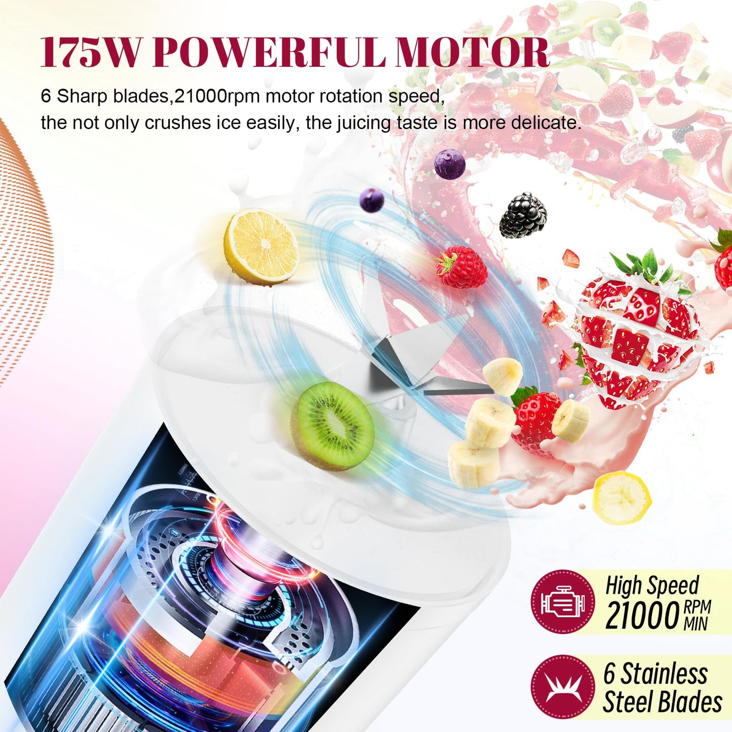 Portable Personal Blender 17 OZ/500 ML Juicer, 175W Personal Size Blender, Ideal for Smoothies, Ice Blending, Juicing, and Food Processing, Compact, Convenient, and Versatile (Pink)