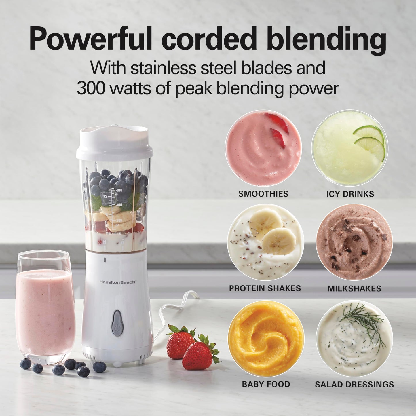 Hamilton Beach Portable Blender for Shakes and Smoothies, 14 Oz BPA Free Travel Cup & Lid, Durable Stainless Steel Blades, Personal Smoothie Blender, Coral (51171)