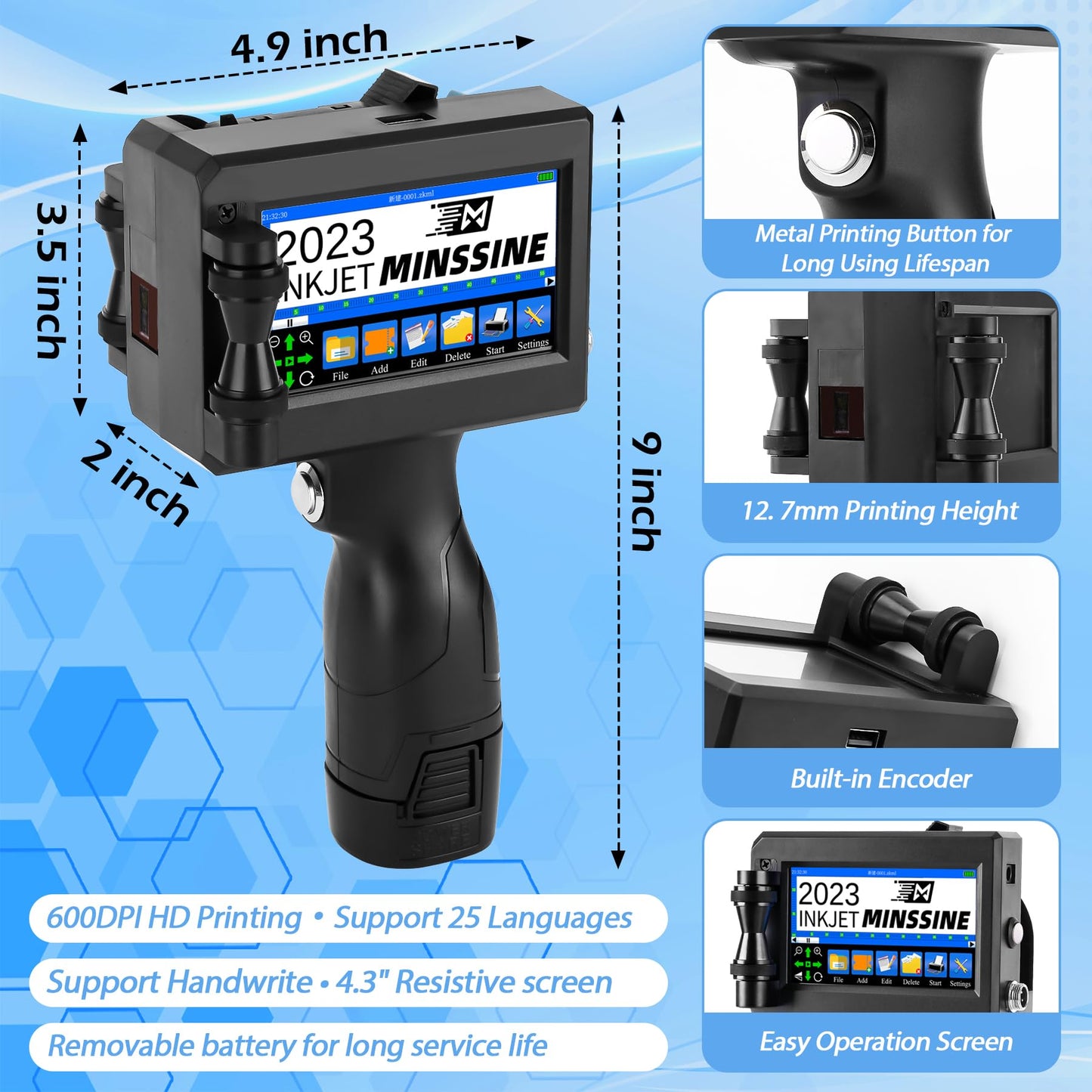 Handheld Inkjet Printer Gun MS-Z10 with 42ml Quick-Drying Ink Cartridge Portable Handheld Printer for Text/Barcode/Logo/QRCode/Counter/Batch Number/Date Coder(Printing Height: 0.08-0.5Inch)