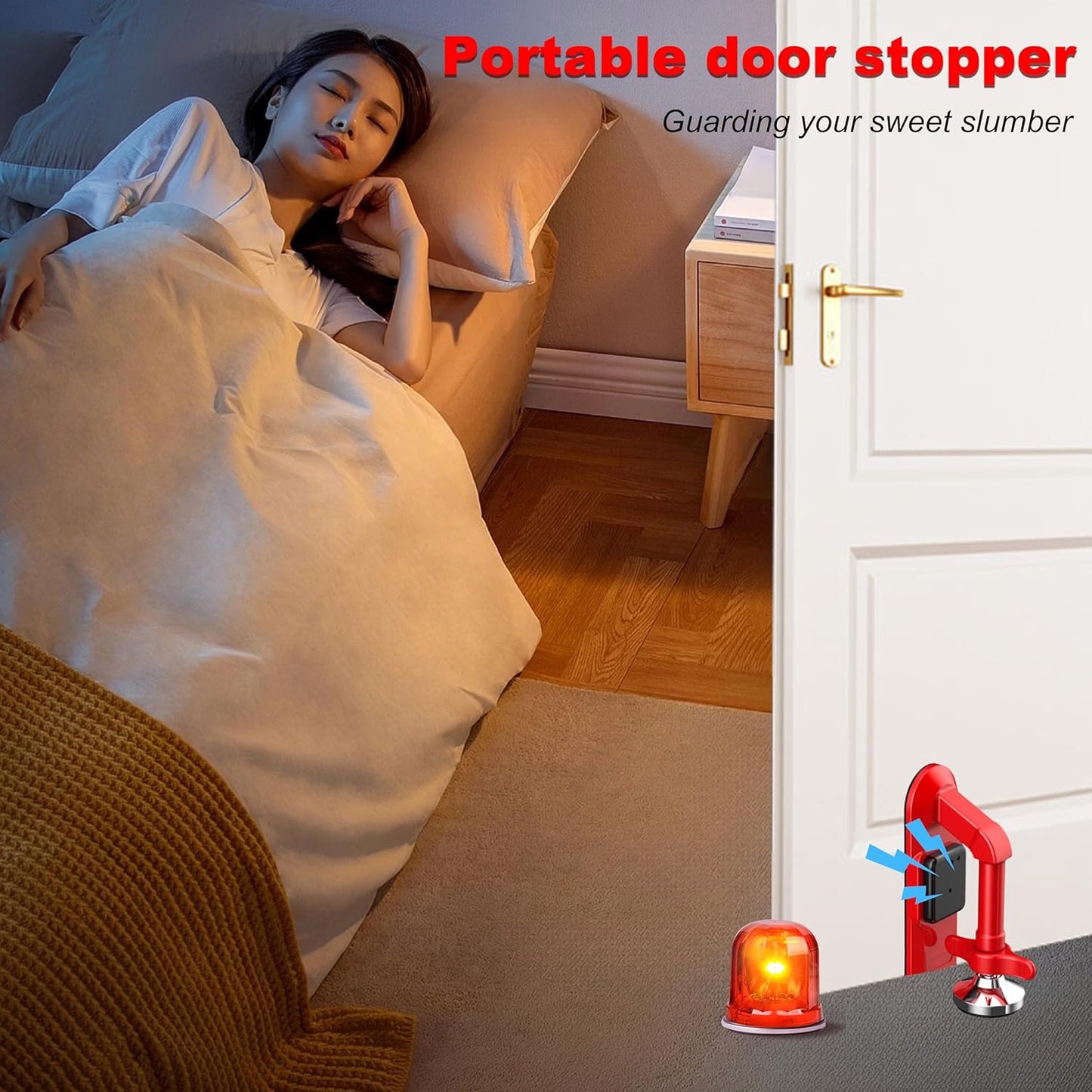 Portable Alarm Door Stopper - 80dB Anti-Theft Security Alarm Door Stoppers for Bottom of Door, Adjustable and Easy to Install for Home, Office, and Travel, Door Security Devices (Red)