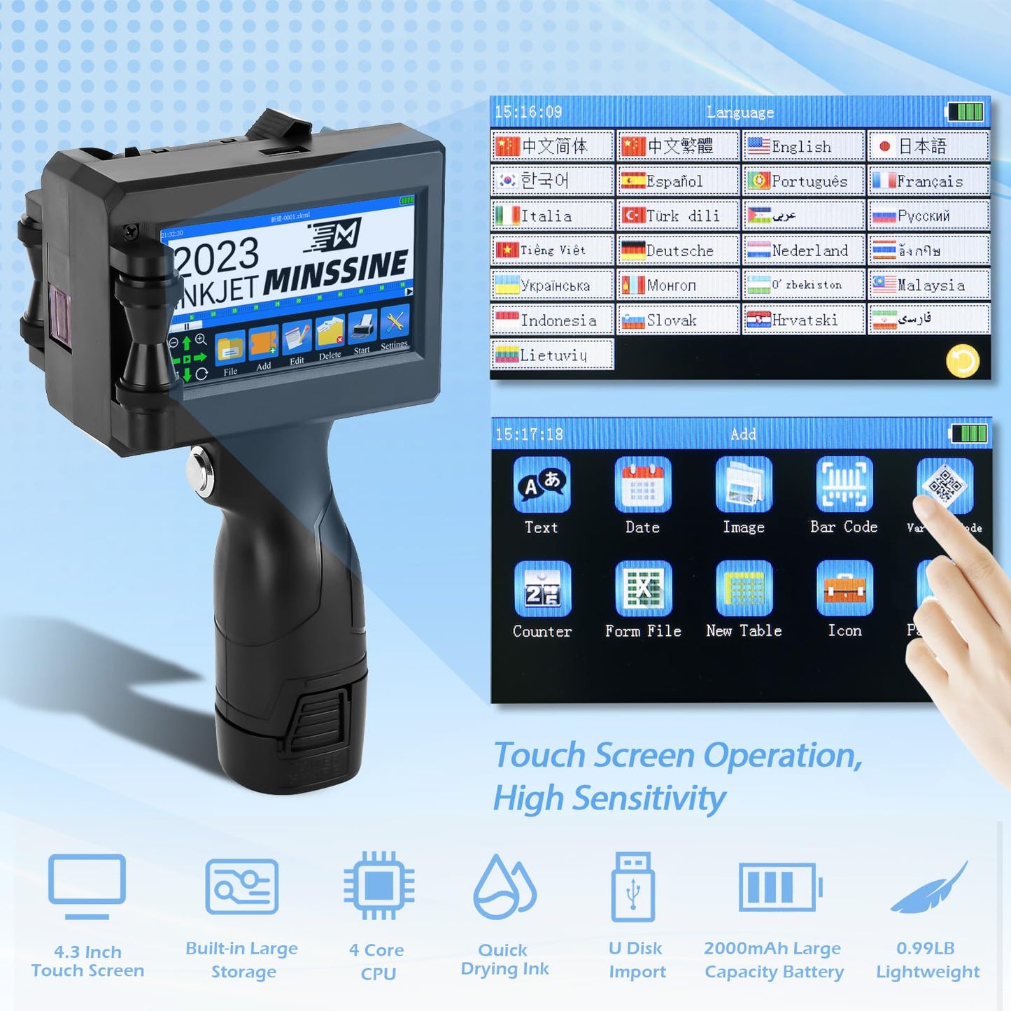 Handheld Inkjet Printer Gun MS-Z10 with 42ml Quick-Drying Ink Cartridge Portable Handheld Printer for Text/Barcode/Logo/QRCode/Counter/Batch Number/Date Coder(Printing Height: 0.08-0.5Inch)