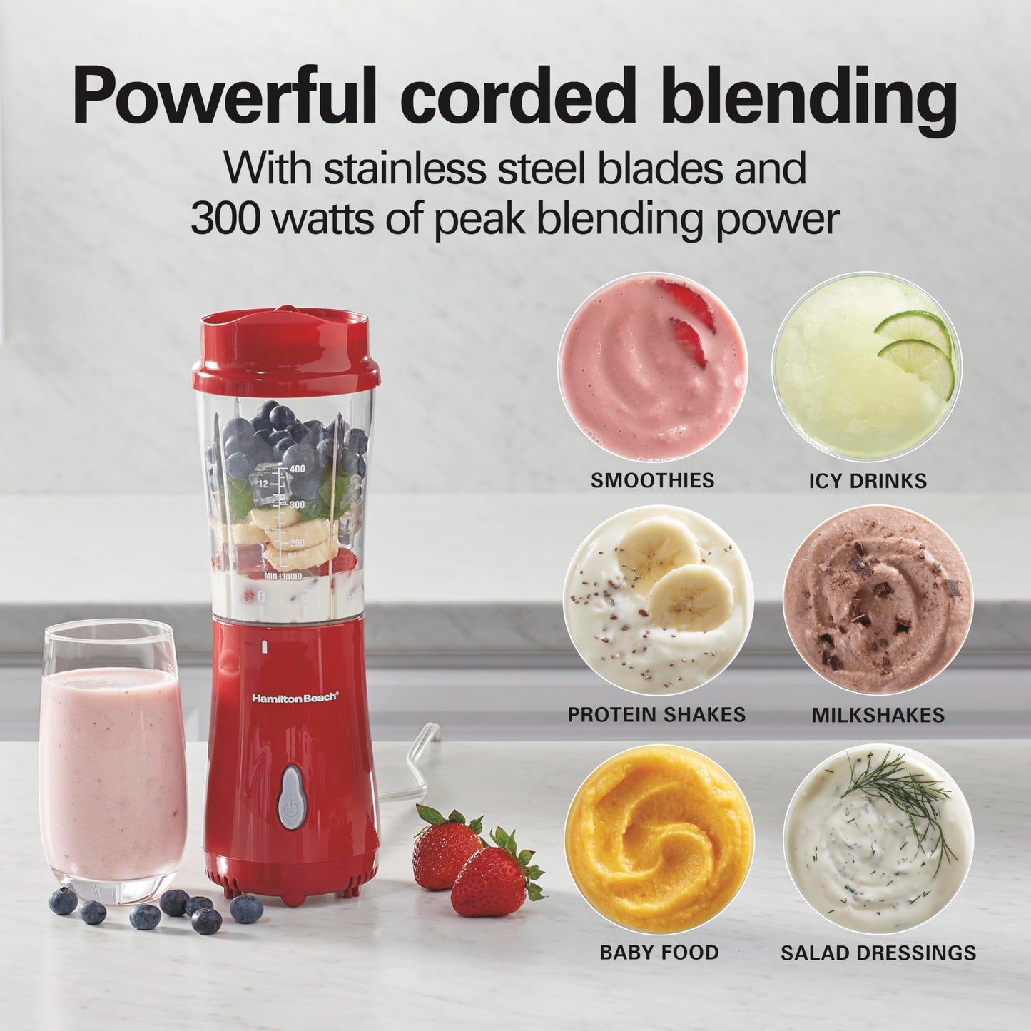 Hamilton Beach Portable Blender for Shakes and Smoothies, 14 Oz BPA Free Travel Cup & Lid, Durable Stainless Steel Blades, Personal Smoothie Blender, Coral (51171)