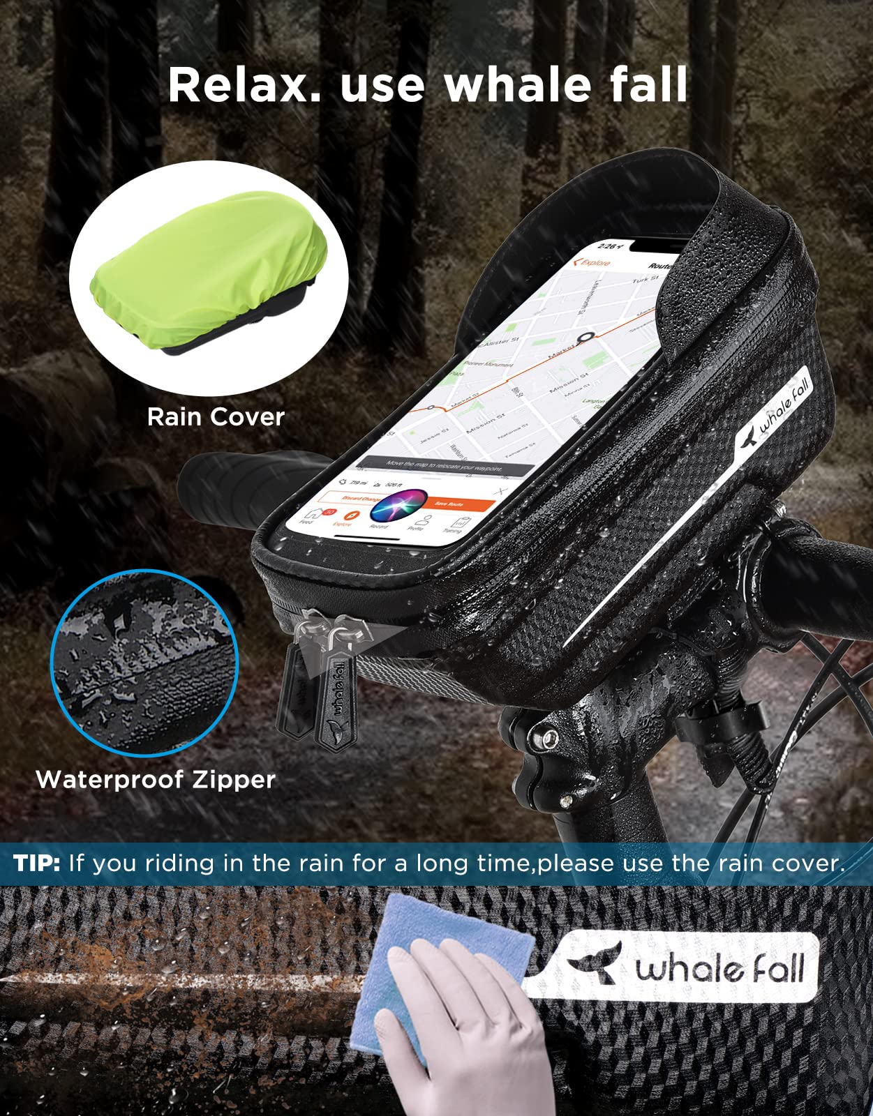 whale fall Bike Frame Bag Waterproof, 3D Eva Hard Shell, Bike Phone Holder, Bicycle Top Tube Bag, Cycling Pouch with Rain Cover, Bike Accessories for Phones Under 7"