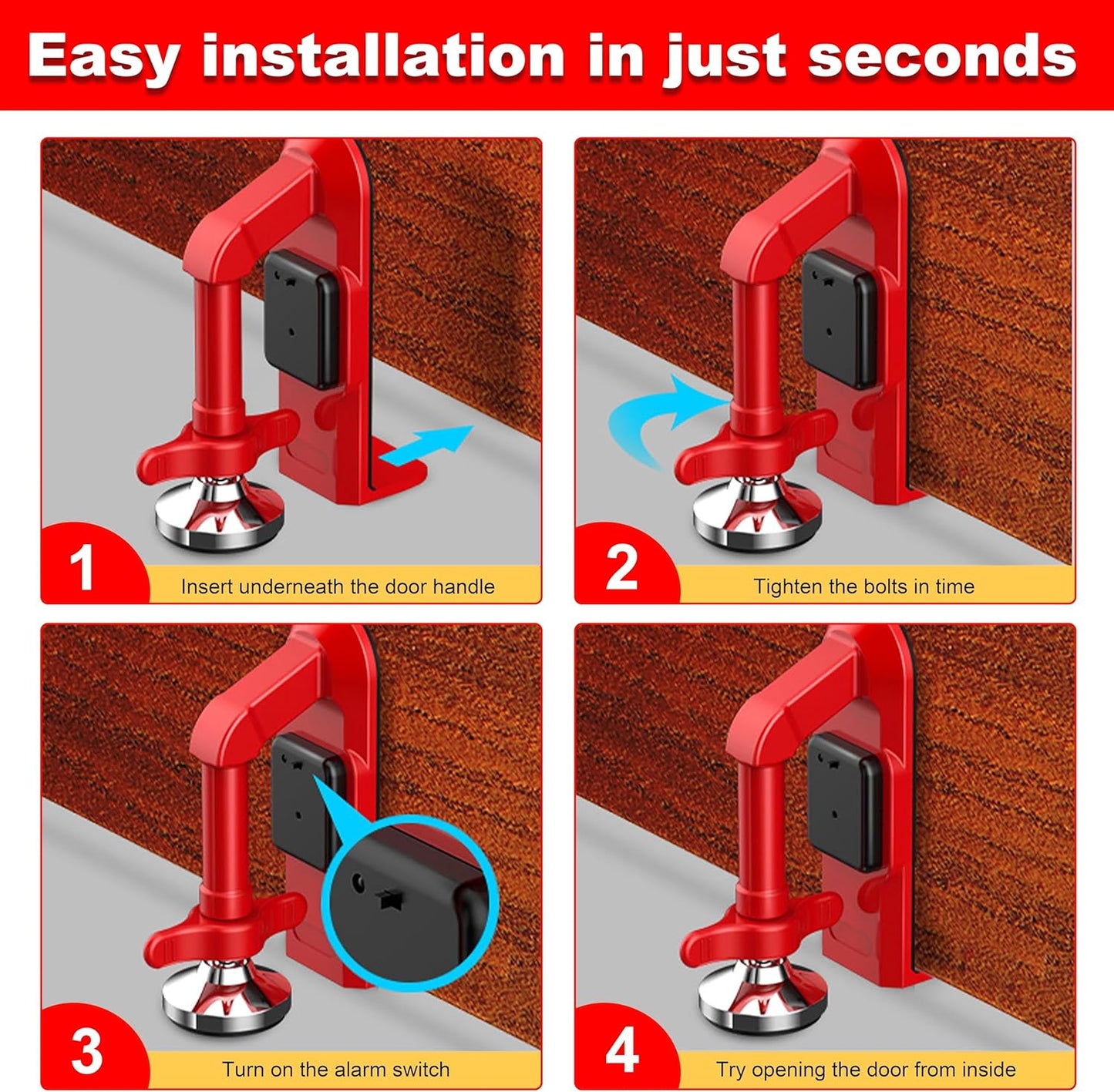 Portable Alarm Door Stopper - 80dB Anti-Theft Security Alarm Door Stoppers for Bottom of Door, Adjustable and Easy to Install for Home, Office, and Travel, Door Security Devices (Red)