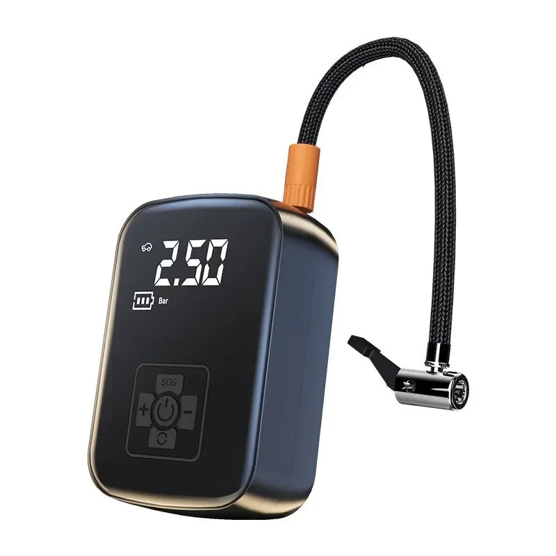 Black air pump with digital display and hose on a white background
