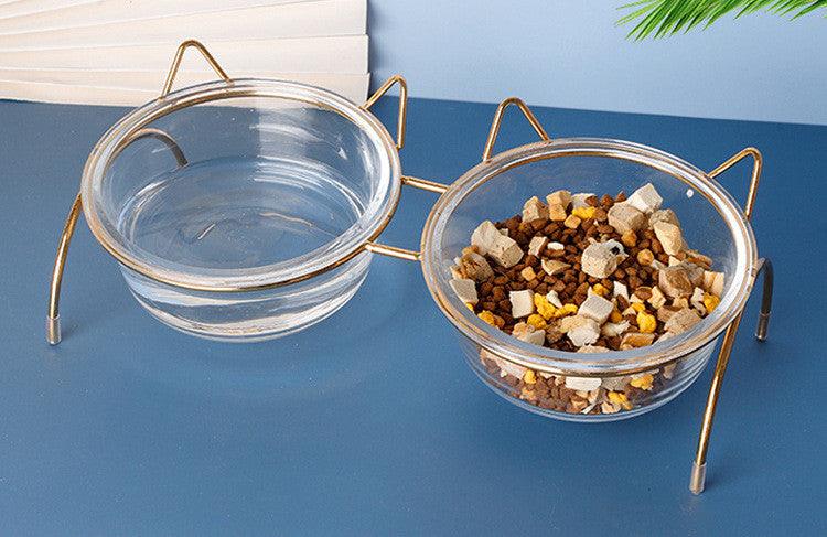 Sparkling Glass Cat Bowl With Elevated Metal Rack - Stylish And Functional Pet Feeder
