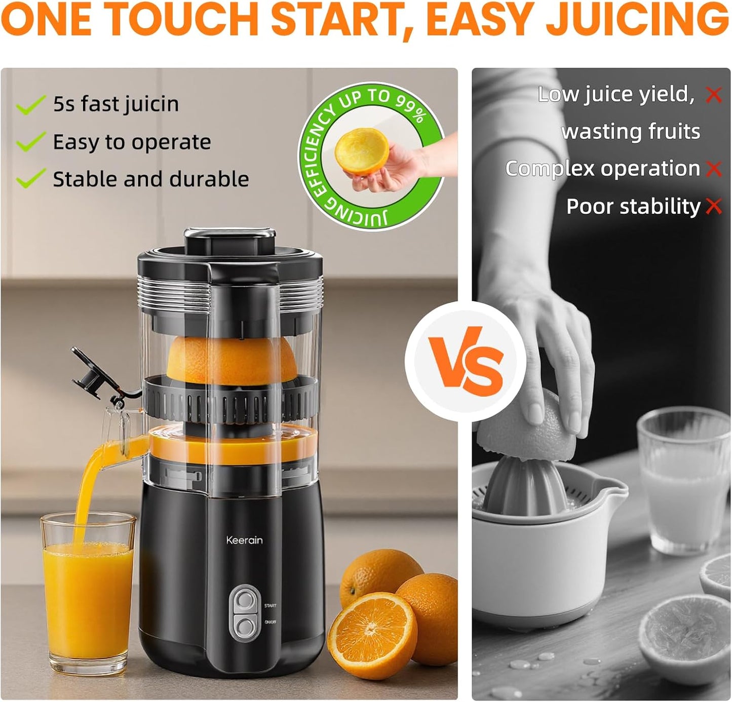 Keerain Electric Orange Juicer, Hand-Free Citrus Juicer Machine with Cleaning Brush, High-Performance Automatic Juice Squeezer for Lemon, Lime, Grapefruit, Pomegranate, Easy to Clean & Use