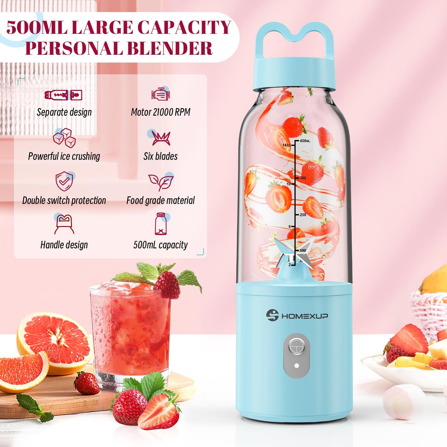Portable Personal Blender 17 OZ/500 ML Juicer, 175W Personal Size Blender, Ideal for Smoothies, Ice Blending, Juicing, and Food Processing, Compact, Convenient, and Versatile (Pink)