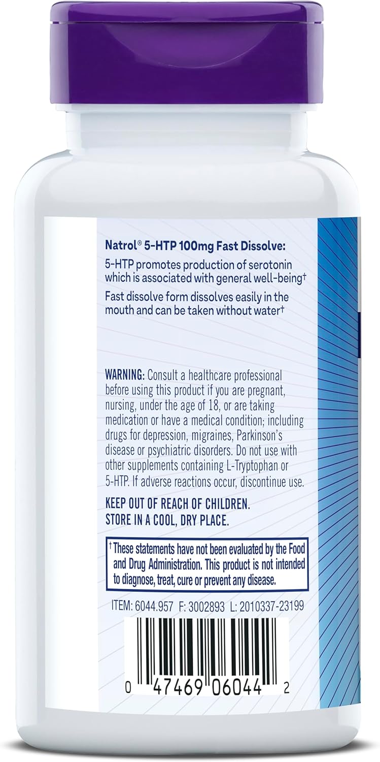 Natrol 5-HTP 100 mg, Fast Dissolve Supplement, Supports a Balanced Mood, Serotonin Production and General Well-Being, 30 Mixed Berry Tablets, Up to a 30 Day Supply