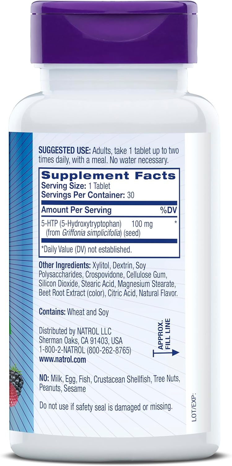Natrol 5-HTP 100 mg, Fast Dissolve Supplement, Supports a Balanced Mood, Serotonin Production and General Well-Being, 30 Mixed Berry Tablets, Up to a 30 Day Supply