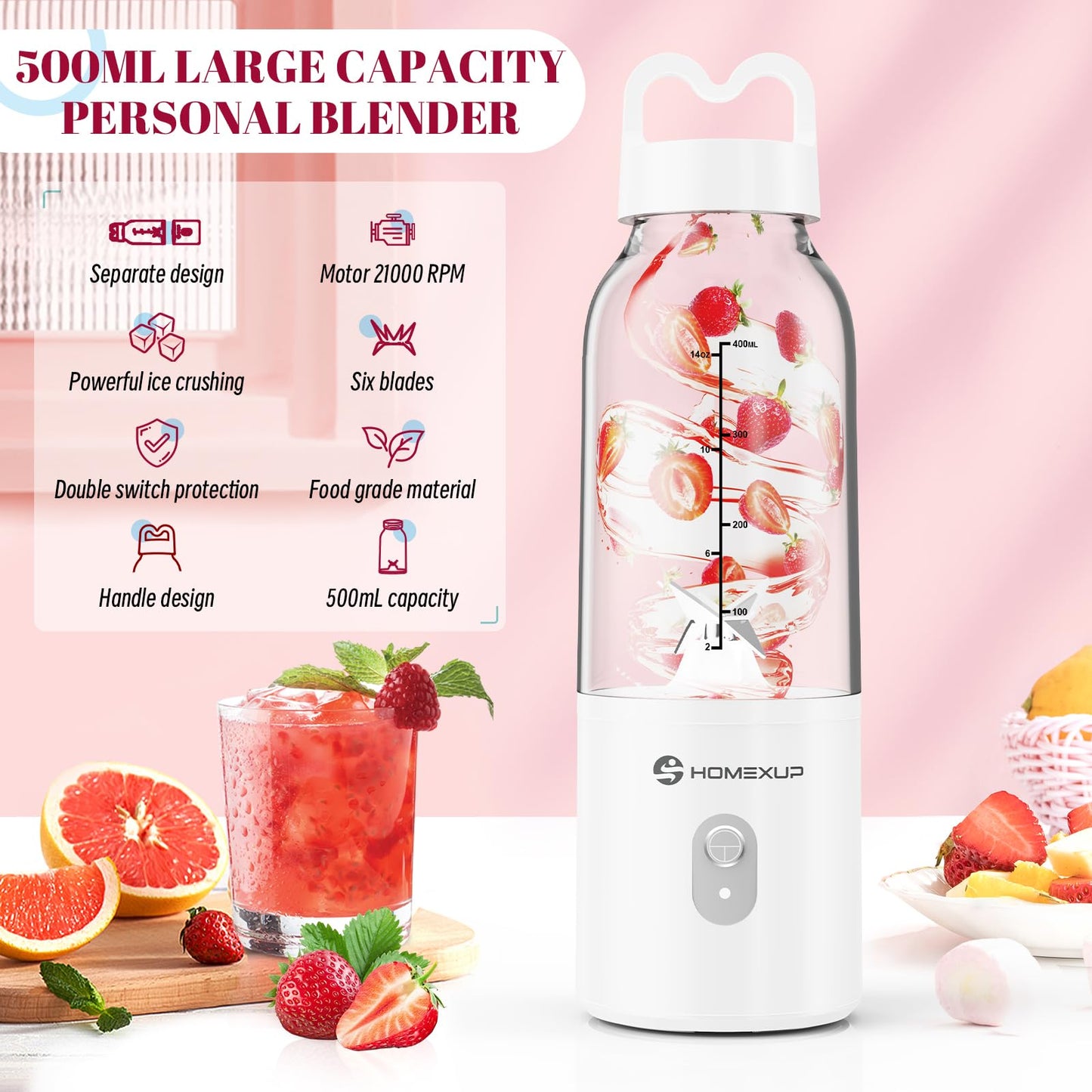 Portable Personal Blender 17 OZ/500 ML Juicer, 175W Personal Size Blender, Ideal for Smoothies, Ice Blending, Juicing, and Food Processing, Compact, Convenient, and Versatile (Pink)