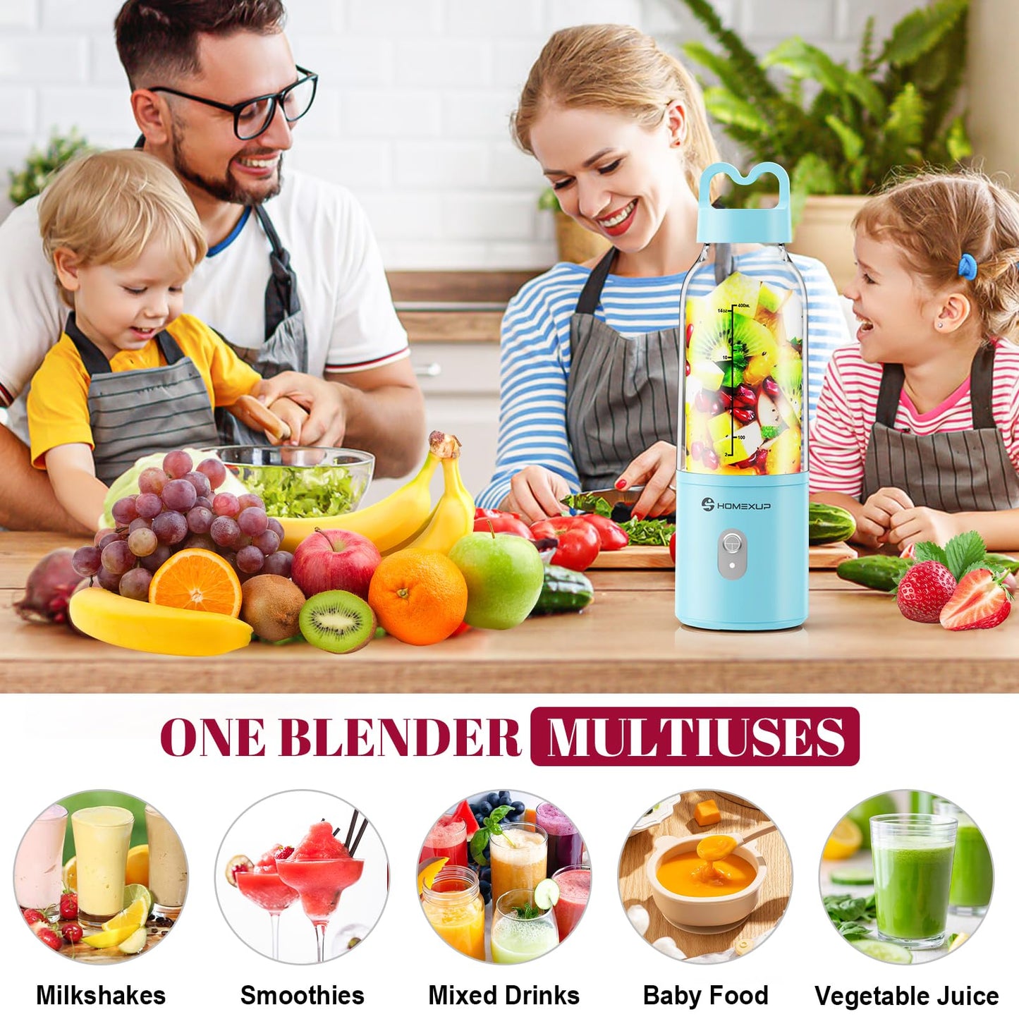 Portable Personal Blender 17 OZ/500 ML Juicer, 175W Personal Size Blender, Ideal for Smoothies, Ice Blending, Juicing, and Food Processing, Compact, Convenient, and Versatile (Pink)