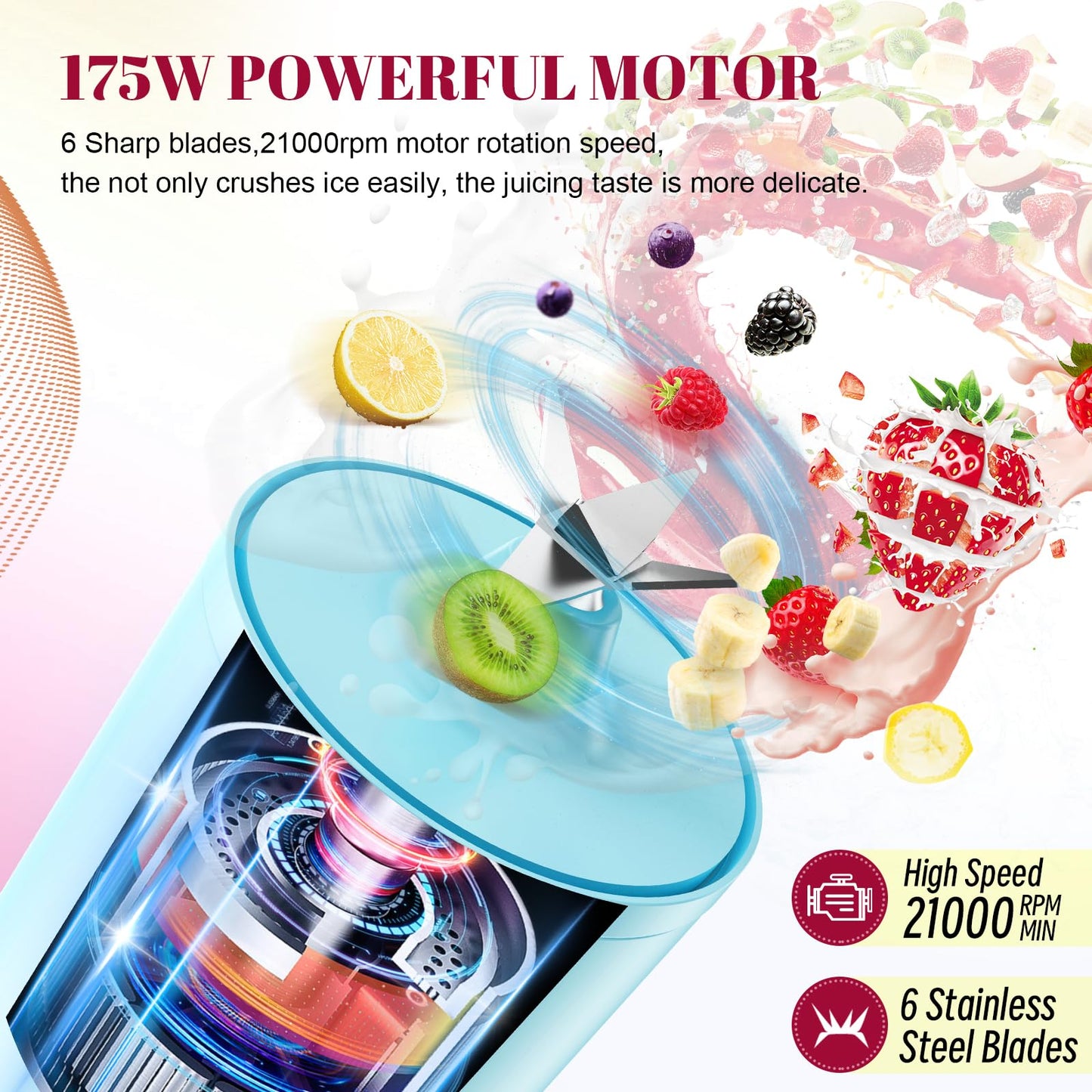Portable Personal Blender 17 OZ/500 ML Juicer, 175W Personal Size Blender, Ideal for Smoothies, Ice Blending, Juicing, and Food Processing, Compact, Convenient, and Versatile (Pink)