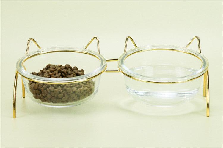 Sparkling Glass Cat Bowl With Elevated Metal Rack - Stylish And Functional Pet Feeder